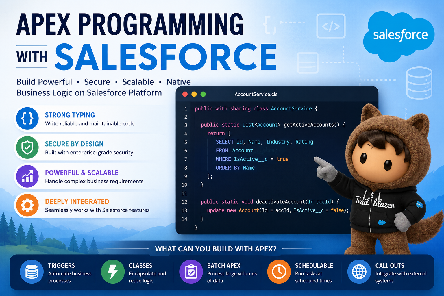 Salesforce Apex code architecture diagram showing class inheritance and polymorphism.