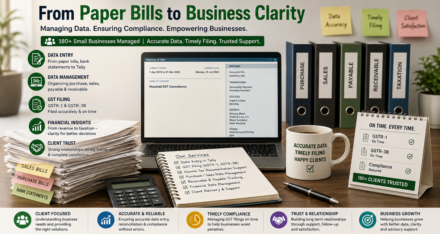 Illustration representing GST consultancy work involving data entry, Tally accounting, GST filing, client management, and financial data organization for small businesses.