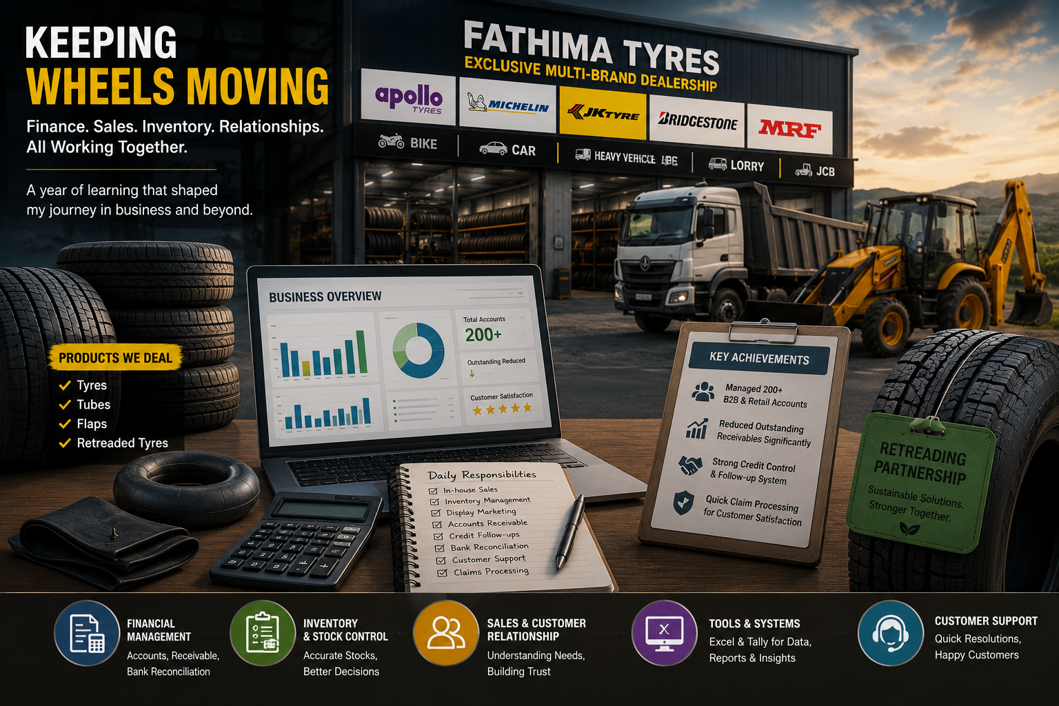 Illustration of a multi-brand tyre business showcasing finance, inventory management, customer relationships, sales operations, and heavy vehicle support without human figures.