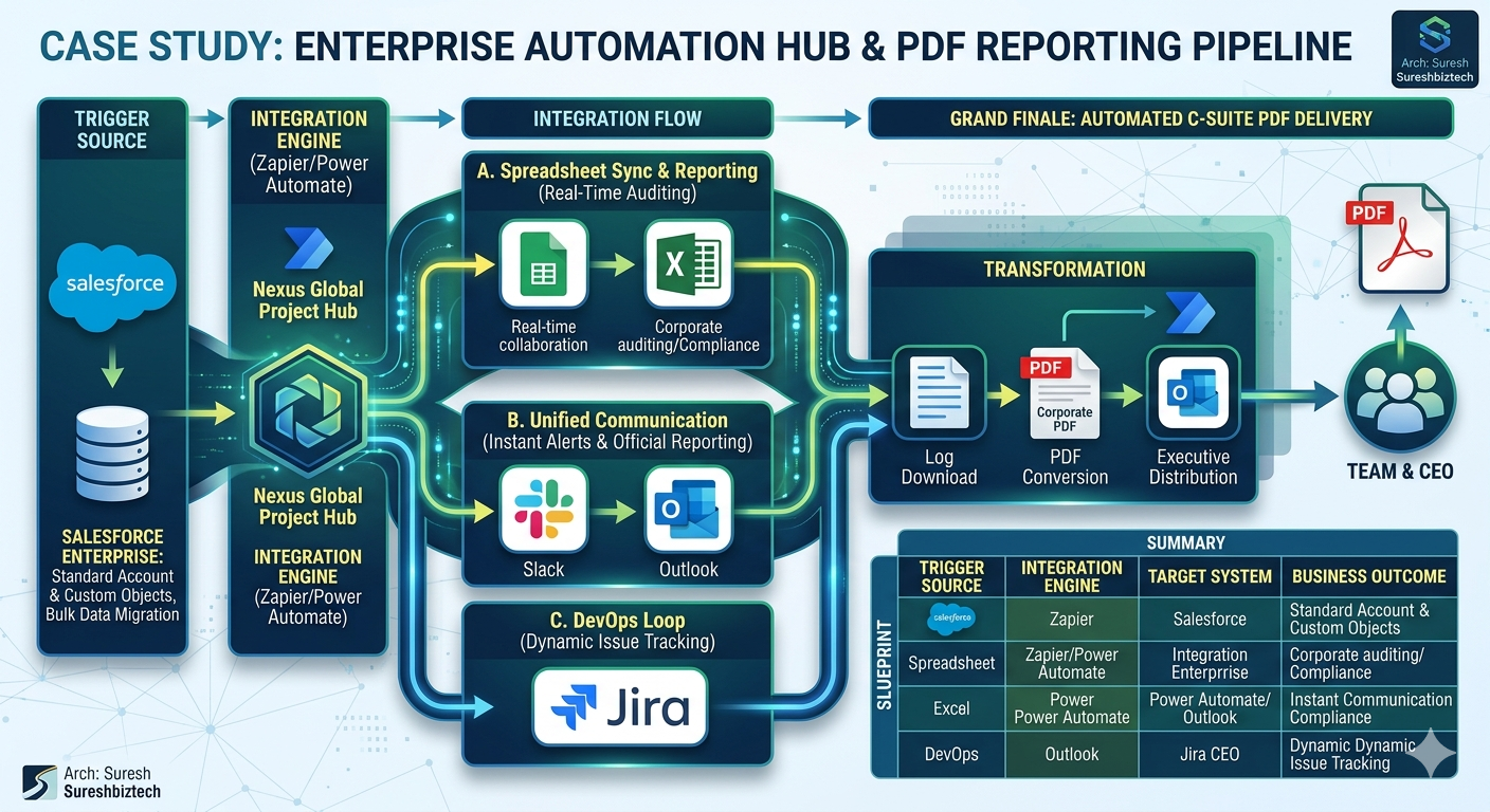 A comprehensive enterprise integration architecture diagram for Nexus Global Project by Sureshbiztech. The technical infographic maps the data flow from a Salesforce Enterprise core through dual integration engines (Zapier and Power Automate) to sync Google Sheets, Microsoft Excel, Slack, Outlook, and Jira, culminating in an automated PDF reporting pipeline delivered directly to the team and the CEO.