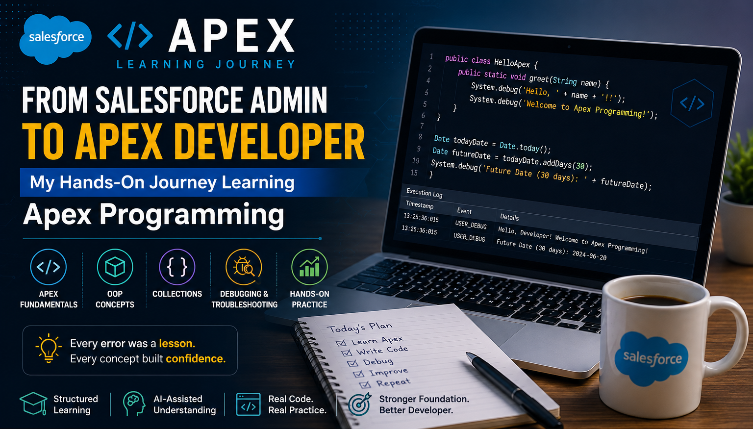 Salesforce Apex programming learning journey showing hands-on coding, OOP concepts, debugging, collections, and Salesforce Developer Console practice.