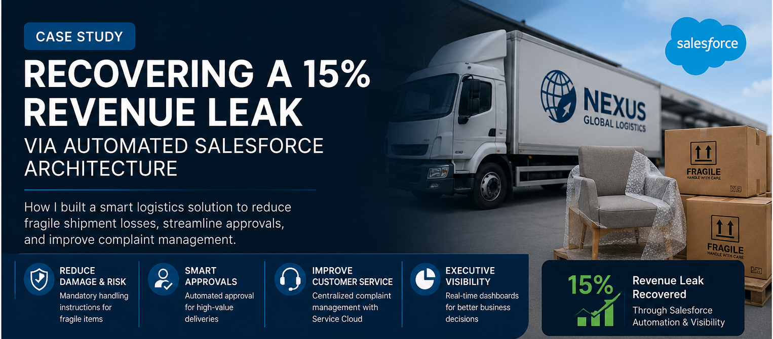 Salesforce logistics case study showing how a fragile shipment and complaint management solution reduced revenue loss through automation, approvals, dashboards, and Service Cloud.