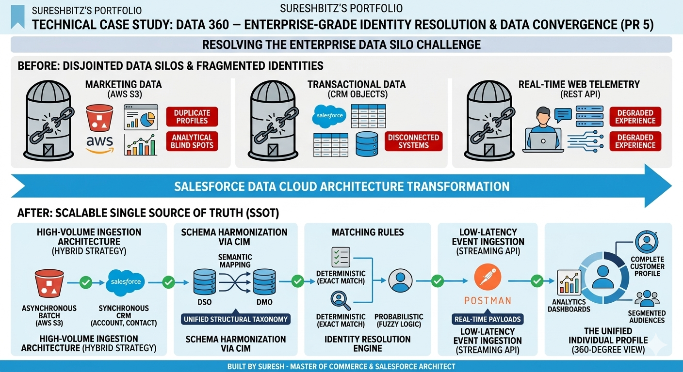 An architecture infographic titled "Technical Case Study: Data 360 – Enterprise-Grade Identity Resolution & Data Convergence (PR 5)". The top "Before" section depicts three data silos (Marketing on AWS S3, Transactional on CRM Objects, and Real-Time Web Telemetry via REST API) causing disconnected systems and duplicate profiles. A blue "Salesforce Data Cloud Architecture Transformation" arrow points down to the "After" section, illustrating an end-to-end data pipeline: High-Volume Ingestion (Asynchronous Batch S3 and Synchronous CRM), Schema Harmonization via CIM (DSO to DMO mapping), Identity Resolution Engine (Deterministic Exact Match and Probabilistic Fuzzy Logic matching), and Low-Latency Event Ingestion via Postman Streaming API, culminating in a 360-degree Unified Individual Profile with Analytics Dashboards.