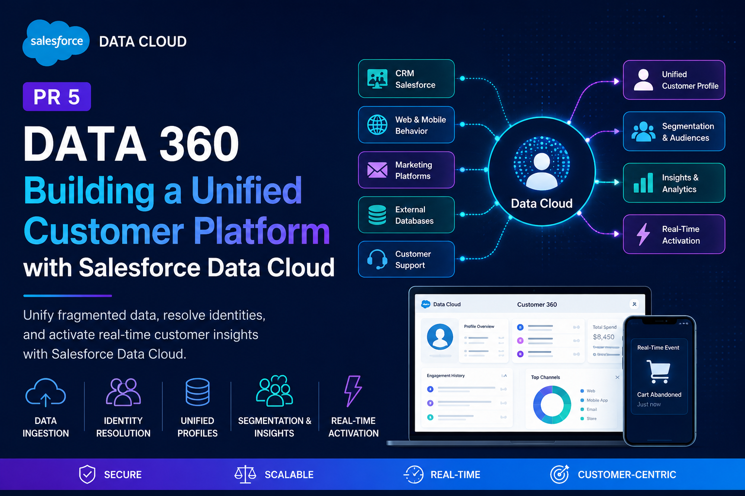 Salesforce Data Cloud PR5 project architecture showing Customer 360, identity resolution, data ingestion, segmentation, unified customer profiles and real-time customer activation.