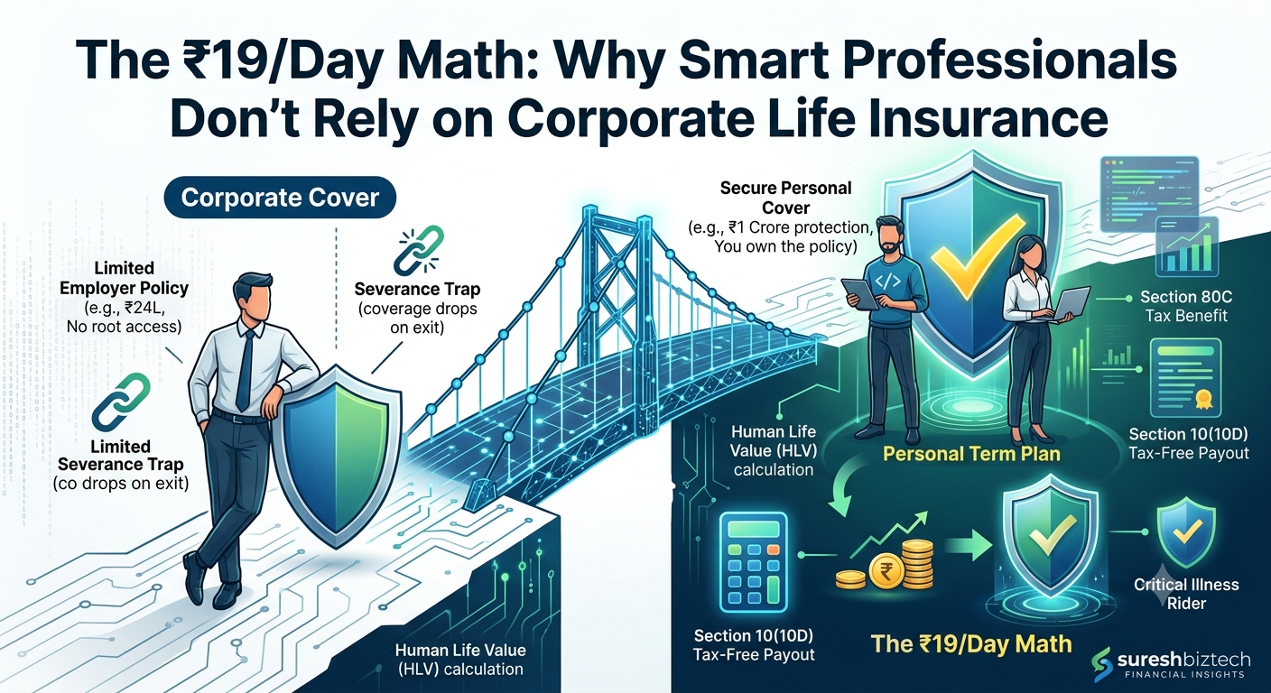 Infographic comparing limited corporate life insurance with a 1 Crore personal term insurance plan highlighting Human Life Value math.
