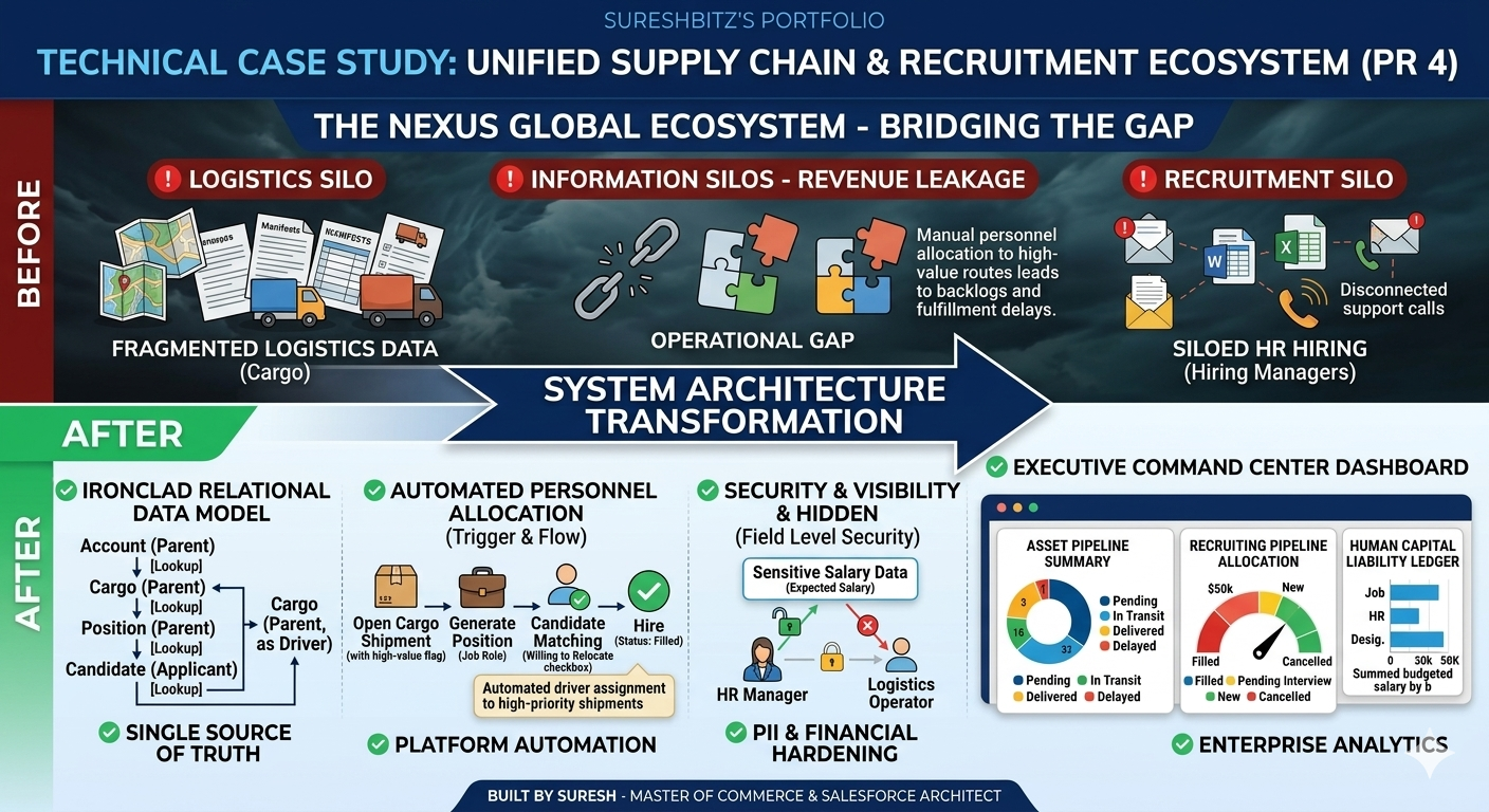 A detailed technical case study infographic titled 'Technical Case Study: Unified Supply Chain & Recruitment Ecosystem (PR 4) - The Nexus Global Ecosystem'. The image splits horizontally into 'Before' and 'After' transformation zones. The top 'Before' panel illustrates disconnected operations: a 'Logistics Silo' containing fragmented maps and paper shipping manifests, an central 'Operational Gap' icon showing broken chain links and misaligned puzzle pieces representing manual driver allocations, and a 'Recruitment Silo' with separate HR email queues and isolated spreadsheets causing business communication lag. A bold blue arrow labeled 'System Architecture Transformation' points downward to the 'After' panel. The bottom 'After' panel showcases a multi-tiered Salesforce solution built on a light blue grid background: An 'Ironclad Relational Data Model' diagram outlining lookups from Accounts and Cargo down through Positions and Candidates, ensuring a single source of truth. An 'Automated Personnel Allocation' workflow detailing record-triggered flows that automatically generate job roles when cargo capacity is flagged. A 'Security & Visibility' schematic explaining Field-Level Security restrictions where sensitive compensation data is visible to an HR Manager but hidden from a Logistics Operator. An 'Executive Command Center Dashboard' wireframe previewing real-time corporate business intelligence analytics, featuring an Asset Pipeline Summary pie chart, a Recruiting Pipeline Allocation gauge chart, and a Human Capital Liability Ledger bar chart. A dark navy banner spans the bottom margin with the text: 'Built by Suresh - Master of Commerce & Salesforce Architect'