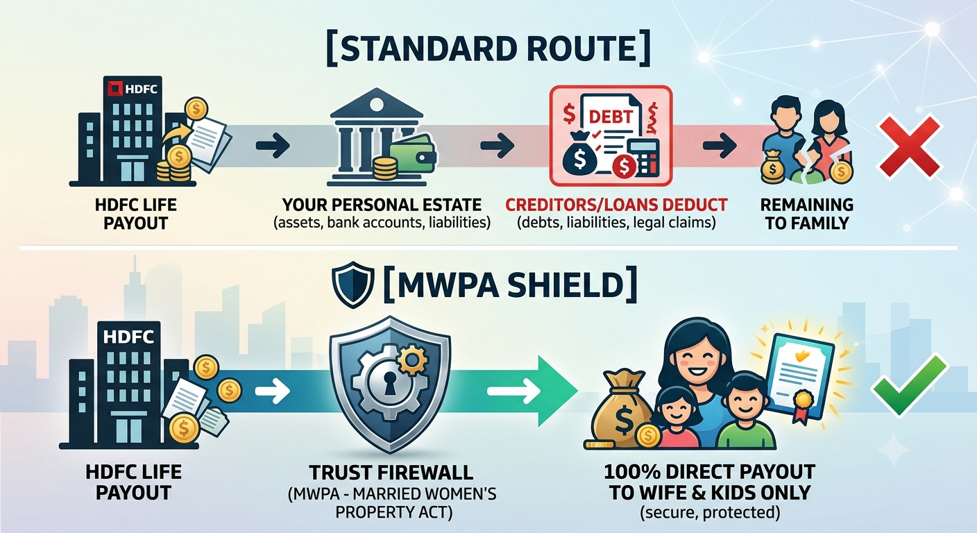 Flowchart explaining how MWPA Section 6 creates a trust firewall protecting life insurance payouts from bank creditors.
